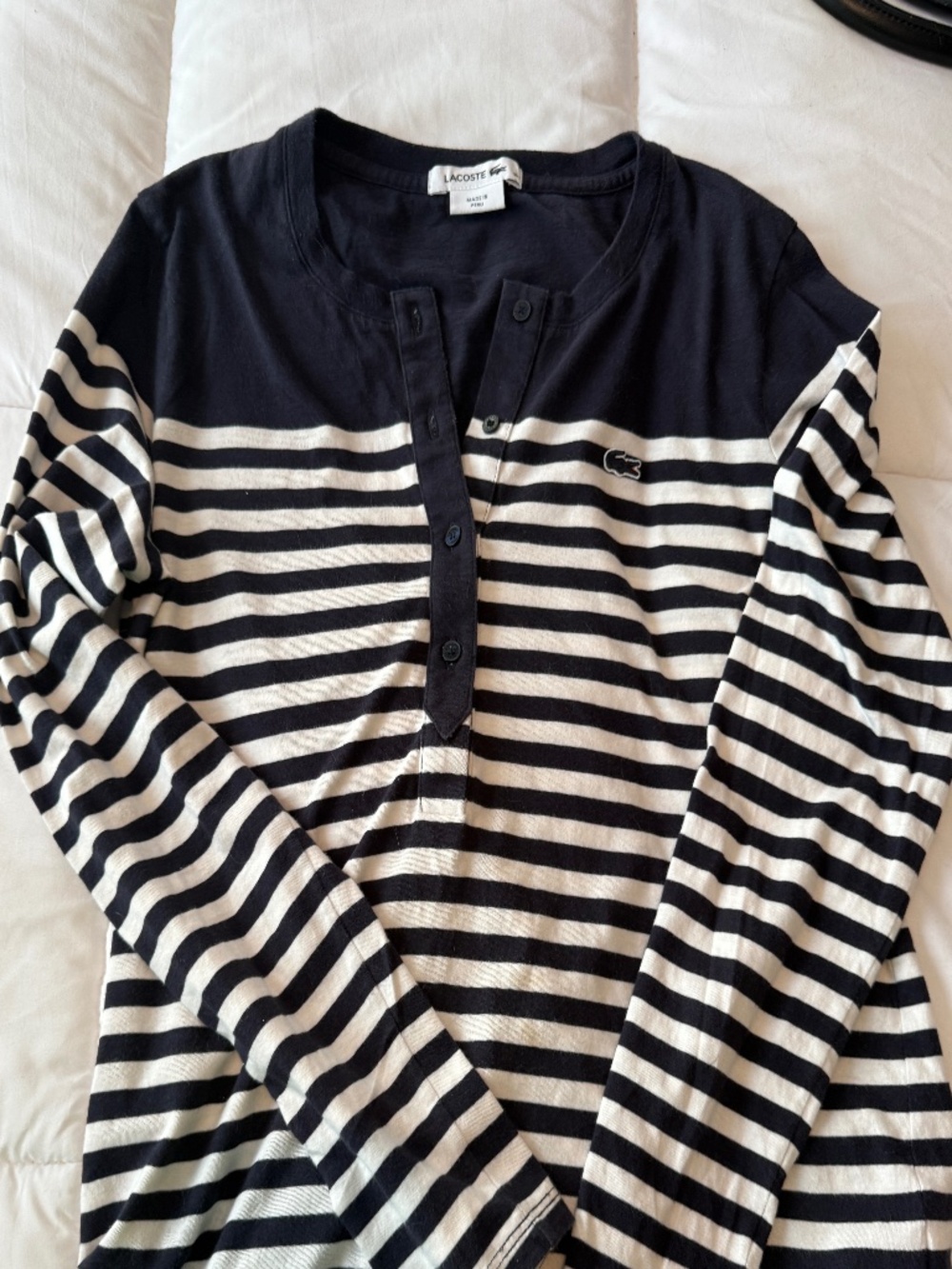 Lacoste Navy & White Striped Henley Top Size 38 | French Coastal Nautical Chic - Picture 2 of 6